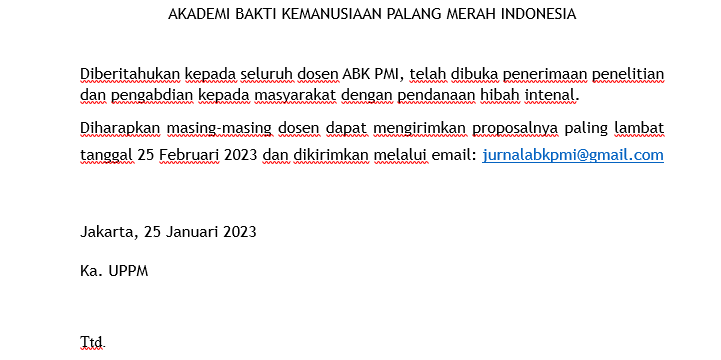 PENGUMUMAN PENERIMAAN HIBAH INTERNAL PENELITIAN DAN PENGABDIAN KEPADA MASYARAKAT AKADEMI BAKTI KEMANUSIAAN PALANG MERAH INDONESIA Tahun 2023